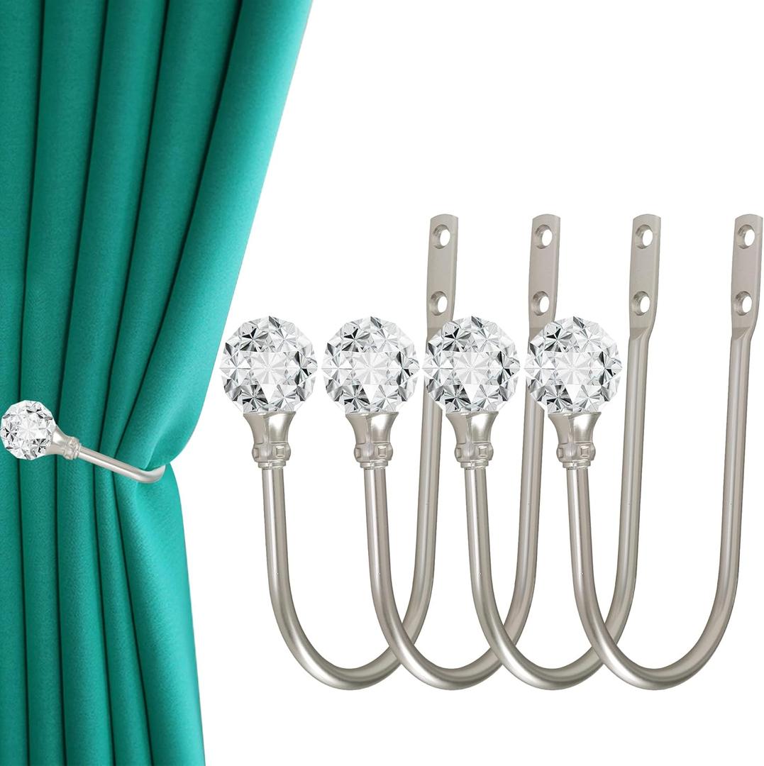 Curtain Holdback, 4Pcs Wall Mounted Drapery Tiebacks with Clear Crystal Ball, Heavy Duty Metal Decorative Window Drapery Curtain Holder Curtain Hooks with Screws, Sliver