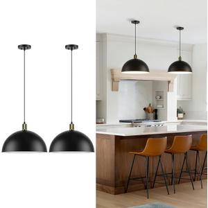 Black Pendant Light Fixtures 2 Pack, 15.7 Inch Large Dome Pendant Lighting Farmhouse Vintage Chandelier for Kitchen Island Dining Room, 15.8" - 2 pack