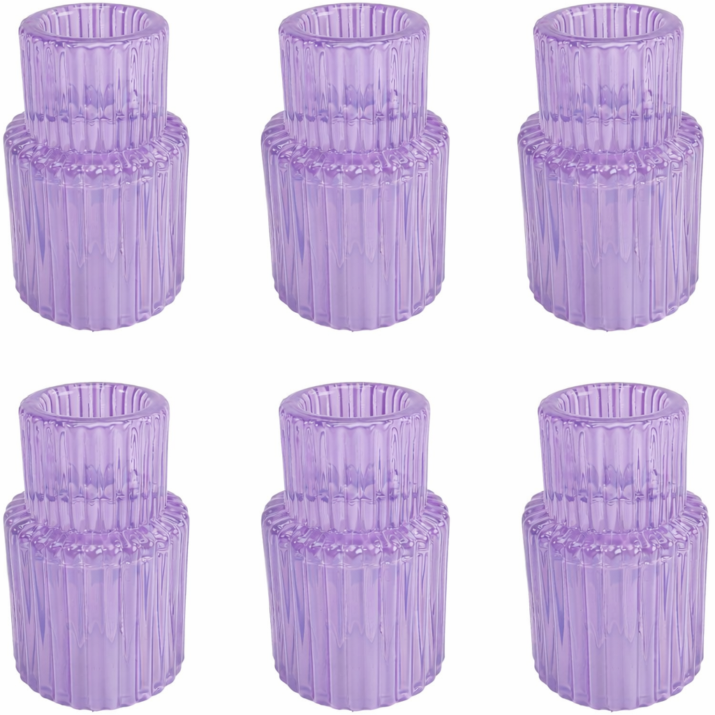 6 Pcs Purple Slim Inkwell Tapered Candle Holder, Rivet Ribbed Design, W: 1.75''. H: 2.8'', Tapered Candlestick Holders, Modern Tabletop Centerpiece Décor