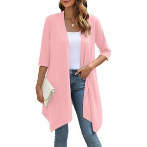 YSYOKOW Women's Open Front Cardigan Lightweight Soft Knit 3/4 Sleeve High-Low Draped Hem Loose Casual Duster(Pink, Small) (Pink, S)