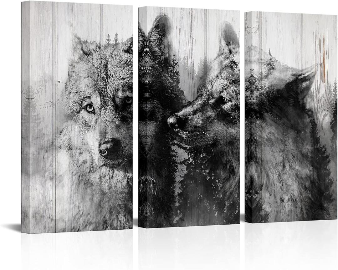 OuElegent Wolf Canvas Wall Art Wolf Painting Black and White Rustic Wildlife Pictures White Wolves Prints Artwork 3 Panels for Living Room Bedroom Bathroom Home Decor Ready to Hang