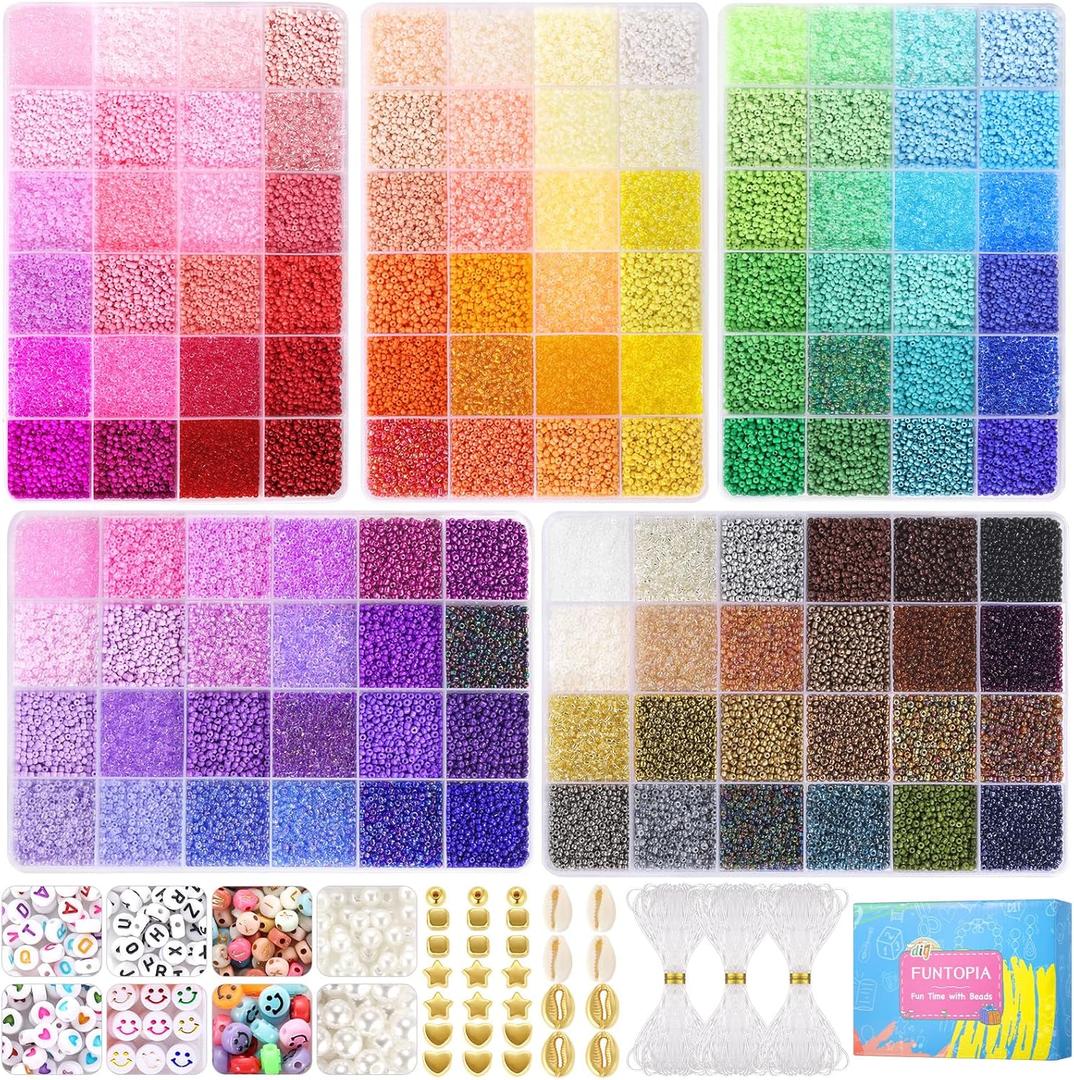 Funtopia 120 Colors 2mm Seed Beads for Jewelry Making, 49000 pcs Tiny Glass Beads for Bracelets, Friendship Bracelet Kit with Alphabet Letter Beads Smile Face Beads for DIY, Art and Craft