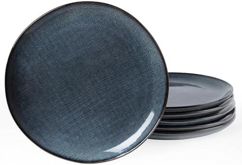 famiware Moonlight Salad Plates Set of 6, 8 Inch Plates Set with Linen Finish, Serving Dishes for Kitchen, Handmade Stoneware Dinnerware, Scratch Resistant, Microwave and Dishwasher Safe, Dark Blue