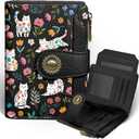 Icycay Flowers Cat Wallet Women Small RFID Blocking Bifold, Cute Credit Card Holder, Zipper Coin Pocket, PU Leather, Compact, Travel, 4 ID Window, 14 Card Slots, Cash Purse, Ladies Woman Female Girls