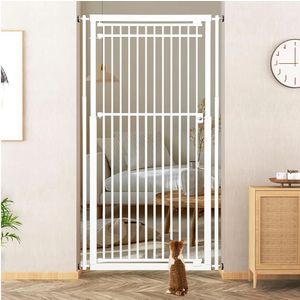 78.8" Extra Tall Cat Gate, 28.3-33" Wide Safety Metal Cat Door, Pressure Mounted Easy Walk Through Pet Gate with Door for Stairs, Doorways, Kitchen (White)