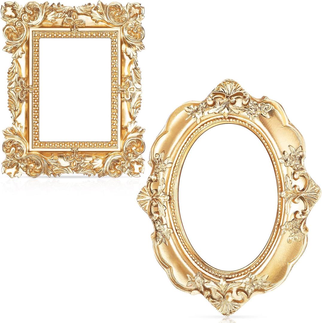 Leinuosen 2 Pcs Mini Gold Frames Vintage Resin Picture Small Antique Gold Tiny Oval Rectangle Baroque DIY Wall Hanging Frames for Home Decor Photo Props, Without Backing