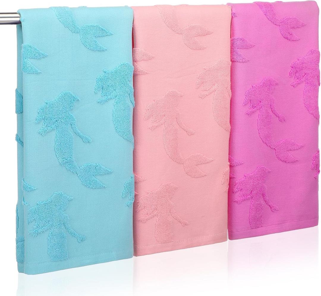 3 Pcs Watercolor Mermaid Hand Towels Cotton Absorbent Jacquard Weave Mermaid Kitchen Towel 3D Seasonal Decorative Washcloth for Home Drying Cleaning Cooking Gift, 14" x 29" (Blue, Pink, Purple)