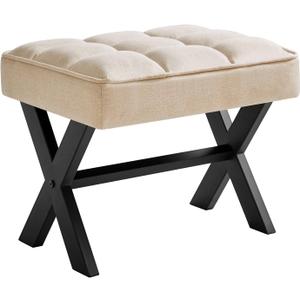 IBUYKE Small 12" H Footrest Stool, Square Linen Foot Stool with Metal X-Leg, Multi-Use as Small Side Table, Step Stool for Living Room, Bedroom, Entryway, Office, Linen WBD011Y