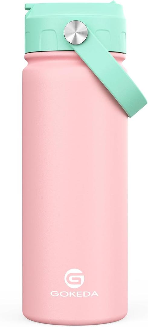GoKEDA 18oz Kids Water Bottle, Insulated Water Bottles with Stickers, 18/8 Stainless Steel Vacuum Leak Proof Straw Cup for School, Gifts for Girls(Pink)