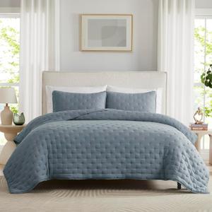 WDCOZY Dusty Blue Cloud King Size Quilt Set, Tan Lightweight Farmhouse Bedspread, Rustic Country Coverlet, Taupe Camel Soft Bedding, Thin Comforter for All Season - 3 Pieces, 104x90 inches