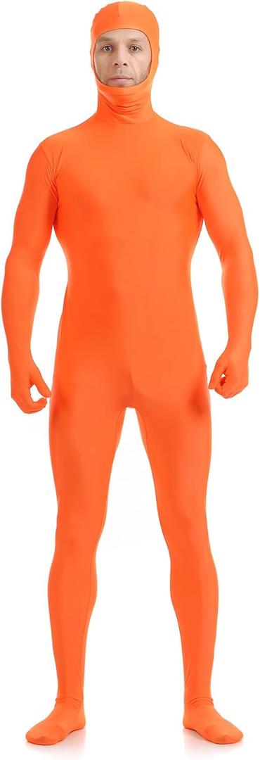ATHX Men's and Women's Spandex Open Face Bodysuit Costume Adult Stretchy Halloween Cosplay Body Suit Zentai Suit Outfits (Small, Orange)