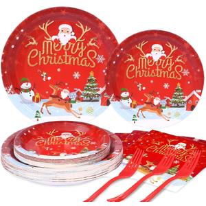 Christmas Paper Plates and Napkins Set, Christmas Plates Cups Napkins Forks Tablewares Party Supplies Serve 24