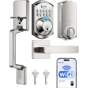 TEEHO TE012W-H WiFi Keypad Door Lock with Handle Set, Fingerprint Smart Locks, Front Door Keyless Entry, APP Remote & Voice Control, Digital Deadbolt with 2 Keys, Auto-Lock, Easy Install, Satin Nickel