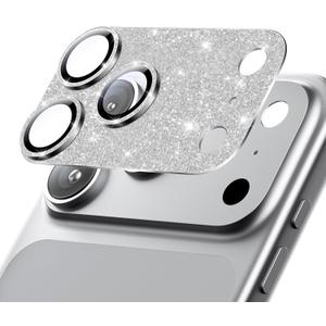 Hoerrye for iPhone 17 Pro Camera Lens Protector - [12FT Shatterproof Military Grade] [Strong Adsorption] Metal Top 9H+ Tempered Glass Camera Screen Full Cover Case Friendly,Glitter Silver
