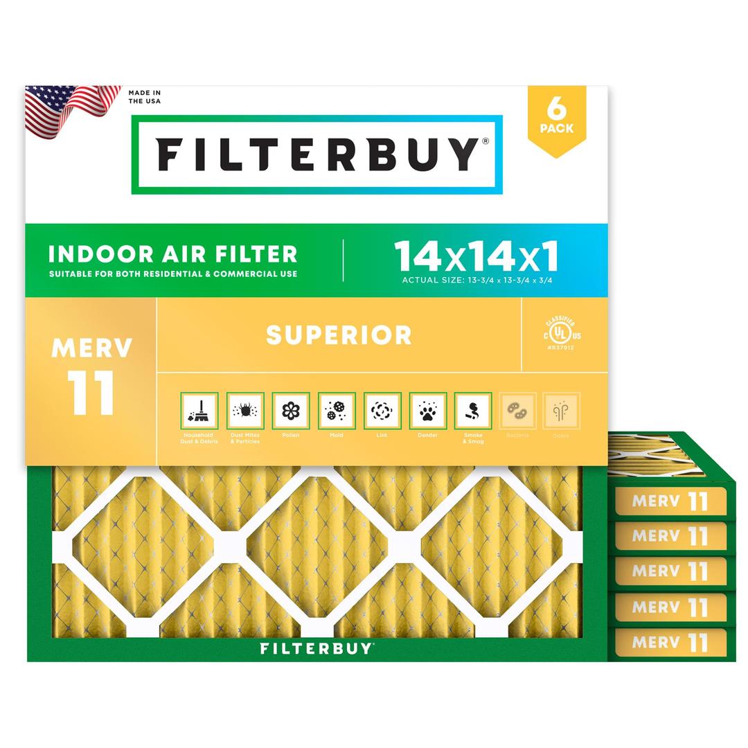 Filterbuy 14x14x1 Air Filter MERV 11 Essential Dust & Allergy Defense (6-Pack), Electrostatic Pleated HVAC AC Furnace Filters Replacement (Actual Size: 13.75 x 13.75 x 0.75)