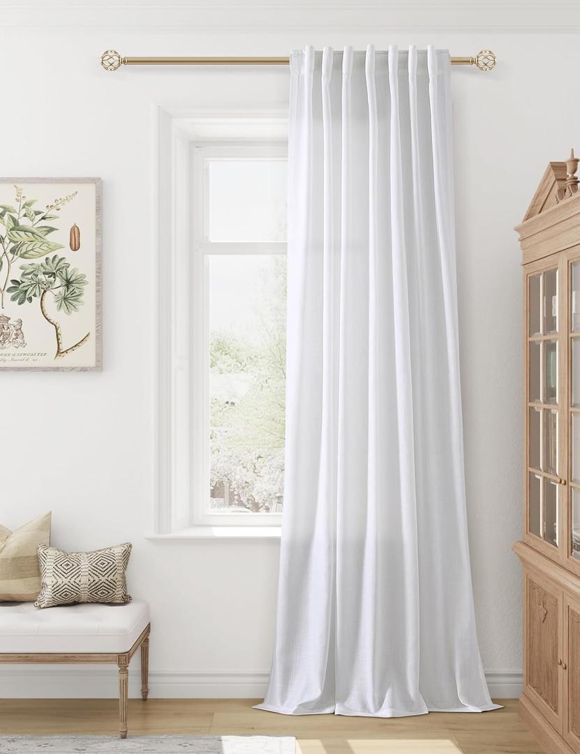 Guken White Linen Curtains 108 inches Long for Living Room Bedroom 1 Panel Back Tab Privacy Semi Sheer Boho Farmhouse Light Filtering Window Curtains 108 Inch Length White Linen Drapes (52"W x 108"L (Pack of 1), White)