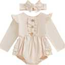 Newborn Baby Girl Outfit Ruffle Bubble Romper Long Sleeve Infant Bodysuit Jumpsuit with Headband Clothes (3-6 Months, Apricot)