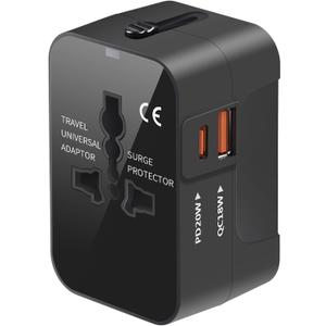 Universal Travel Adapter with 3.0A PD USB-C & QC USB-A Ports, Fast Charging International Plug Adapter, Worldwide Wall Charger AC Power Plug Converter Adaptor for US to EU UK AUS Asia