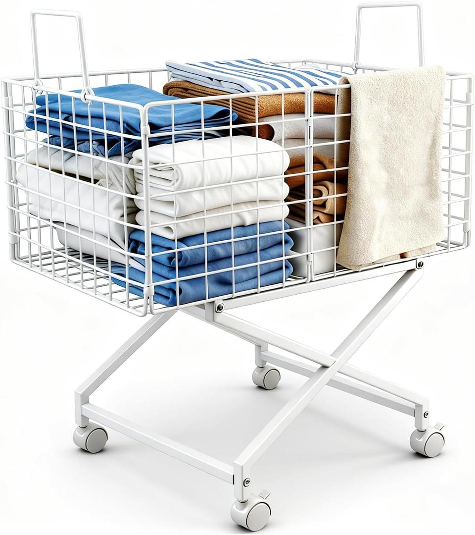 Rolling Laundry Basket with Wheels, 80L Wire Laundry Hamper with Lockable Casters, Sturdy Metal Cart for Clothes Storage, Ventilated Rolling Bin for Bathroom Bedroom (White)