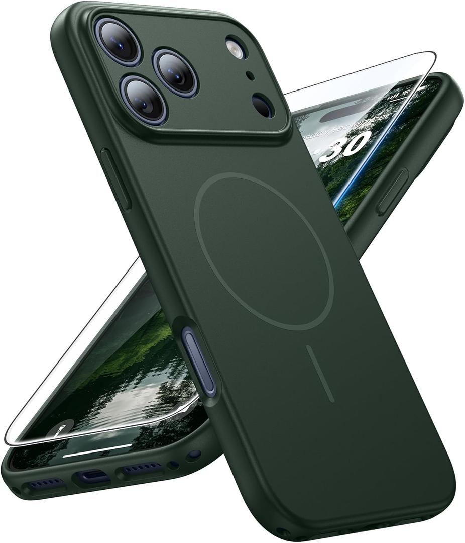 FNTCASE for iPhone 17 Pro Max Case: [Compatible with Magsafe] Solid Green Matte 17 Promax Magnetic Phone Cover with [Full Camera Protection] [Screen Protector] Military Grade Shockproof Protective