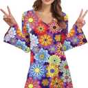 60s 70s Hippie Disco Dress Costume Women's Retro Disco Outfit Women Halloween Floral Dresses (L)