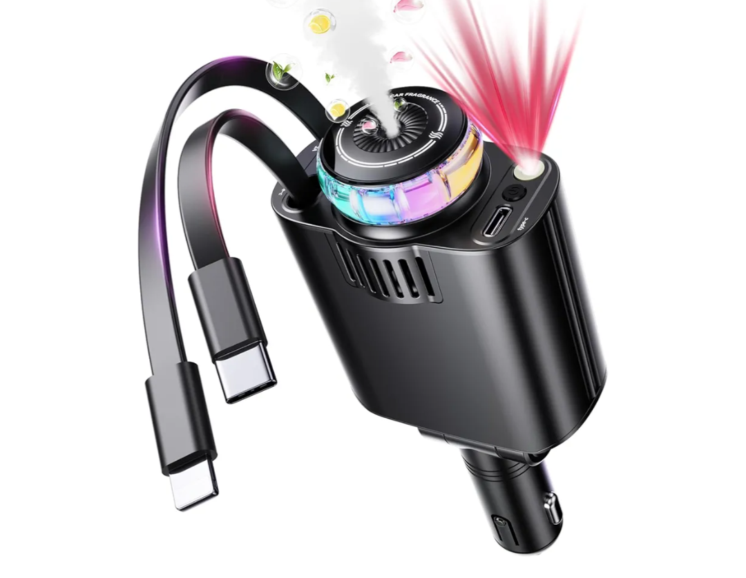 Retractable Car Charger with Aromatherapy and Starlight, 5 in 1 USB C Car Charger Adapter, 69W Fast Charging Cars Phone Chargers, Cars Air Freshener Compatible with iPhone 16 15 14 13 12 and Android