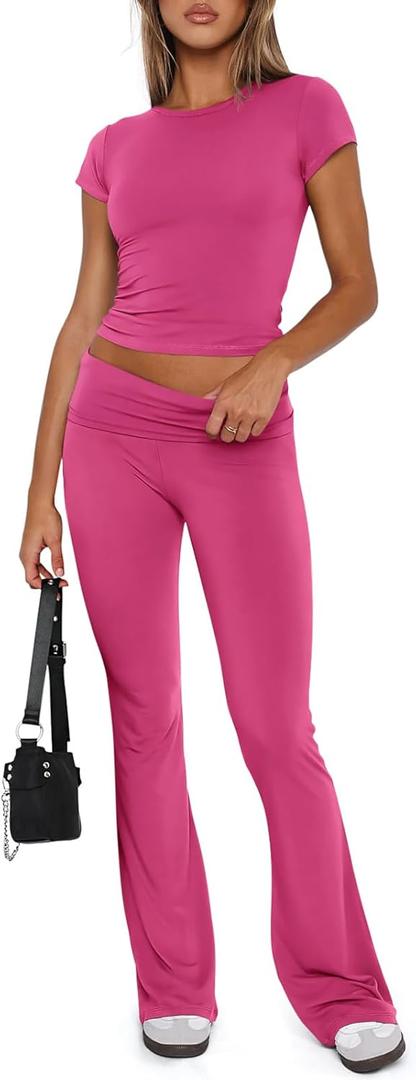 REORIA Women's Casual Outfits Soft Short Sleeve Crop Top Fold Over Flare Pants Y2K 2 Piece Pajama Lounge Sets (Large)