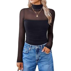 Avidlove Women Long Sleeve Bodysuit Turtle Neck Shapewear Body Suits Mesh One Piece Leotard Shirt Going Out Tops Fall Outfits Black XS