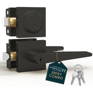 Mega Handles Schein Entry Door Handle & Deadbolt Lock - 1 Pack Reversible Heavy Duty Black Door Handle & Deadbolt Combo for Interior/Exterior Doors, Fits All Standard Door Sizes - Matte Black