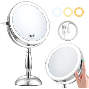 30x Magnifying Mirror, Lighted Makeup Mirror with 3 Colors Modes & Adjustable Brightness, 5000mAh Rechargeable, 360 Rotation Double Side, Large Magnifying Vanity Mirror, Gifts for Women (Chrome)