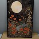 Vintage Moon Flowers Canvas Wall Art, Retro Mystical Celestial Moon Poster, Rustic Orange Yellow Wildflower Field Print, Cottagecore Ethereal Moonlight Botanical Floral Wall Decor 12x16in Framed (12L" x 16W")