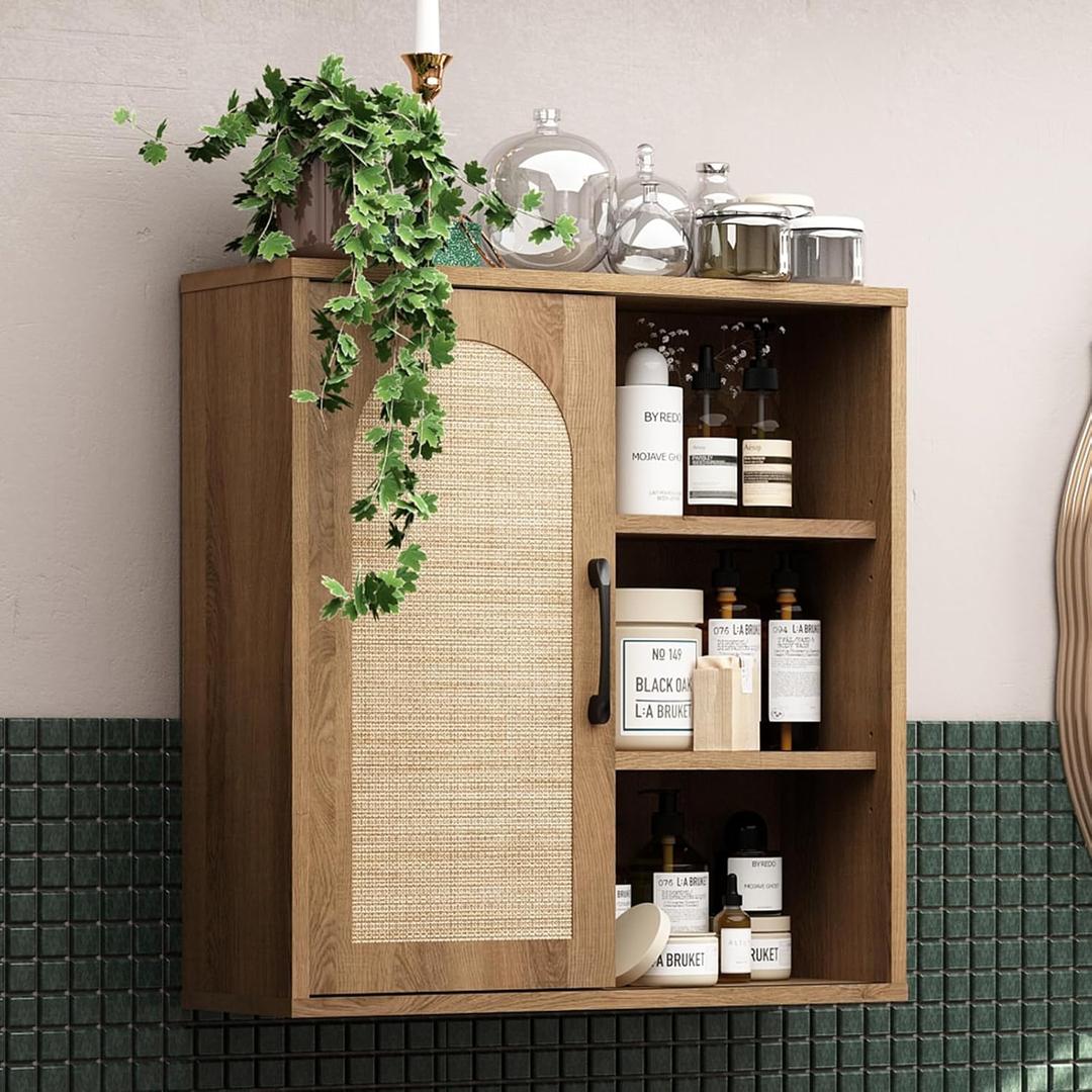 RUSTOWN Boho Rattan Wall Cabinet, Midcentury Bathroom Cabinet with Sliding Door, Adjustable Shelves, Over The Toilet Storage Cabinet (Rustic Oak)