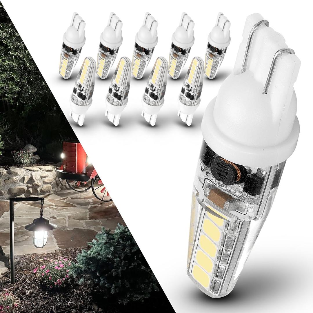 3 Watt T5 T10 LED Wedge Base Light Bulbs AC/DC 12V-24V Equivalent 25W-30W 6000K Daylight White 300lm T10 921 194 LED Bulbs for RV Camper Marine Boat Landscape Driveway Patio Lighting, 10 Pack