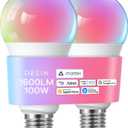 OREiN Matter Smart Light Bulb, 1600 Lumens 100W Equivalent Smart Light Bulbs, Color Changing Light Bulbs Work with Apple Home, Alexa, Google Home, SmartThings, A21 Smart Bulbs 2.4Ghz WiFi, 2Pack