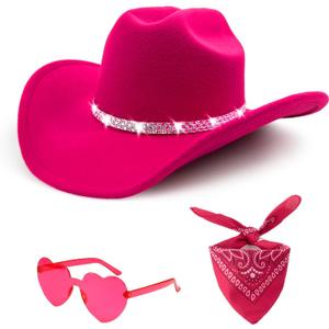 3Pcs Rhinestone Cowboy Hat for Women with Bandana, Heart Sunglasses set, Wide Brim Cowgirl Hat for Western Disco Party (Medium, Hot Pink)