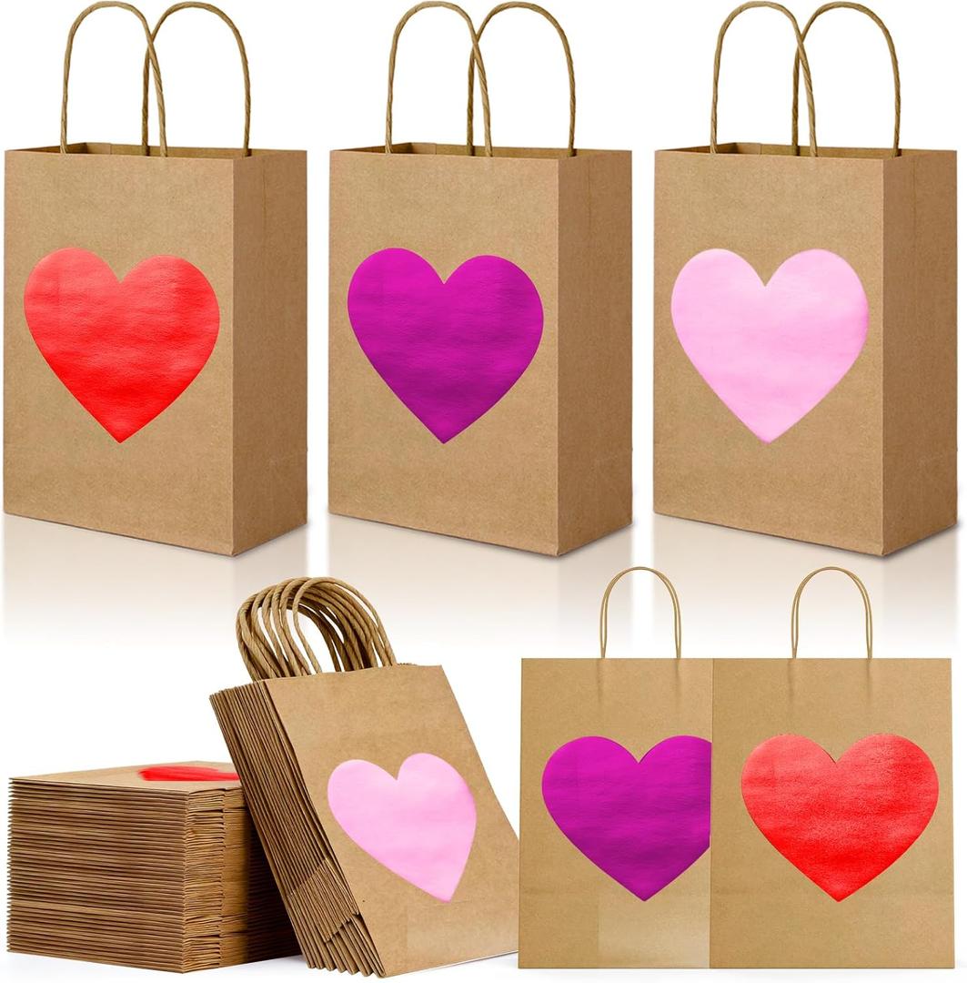 FOGWOWO 24 Pcs Valentines Gift Bags Gold Foil Valentines Day Bags Pink Red Heart Gift Bags Kraft Paper with Handles Candy Chocolate Goodie Bags for Wedding Birthday Holiday Party Wrapping Supplies