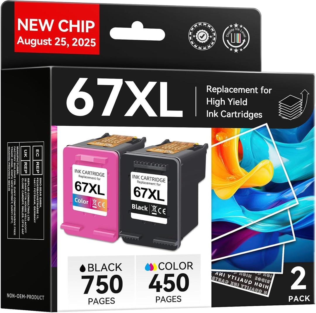 67XL Ink Cartridges Black Color Combo Pack, Compatible for HP Ink 67, Compatible for DeskJet 2855e 2755e 2700 2700e 2800e 4155e 4255e 2734e 4100 2827e 4100e 4227e Envy 6055e 6000 6400 6455e Printer