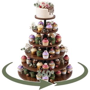 Willinglong 6 Tier Large Cupcake Stand for 80 Cupcake Rustic Tower Tree 360° Rotatable Cupcakes Holder Wood Dessert Table Display Dessert Stand for Birthday Graduation Baby Shower Wedding Party