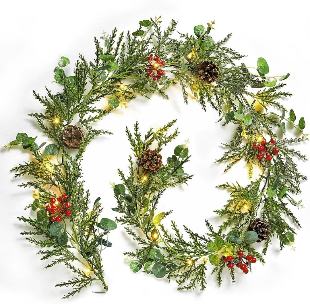 Brightown Pre-lit Christmas Garland with Lights, 6 Feet 20 LED Battery Operated Christmas Lights with Pine Cones, Berry, Eucalyptus Leaves, Indoor Christmas Decorations for Stairs, Fireplace, Door (1 Pack)