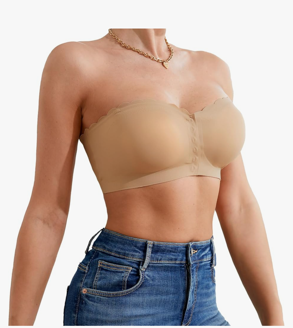 DEANGELMON Womens Strapless Bra Non-Slip Padded Bandeau Bras Front Closure Wavy Trim Seamless Comfortable Tube Top Bralette, Small, Beige