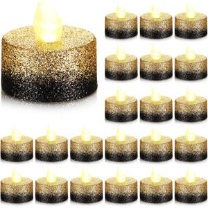 24 Pcs Flameless LED Tea Lights Gold Black Glitter Electric Fake Candles for Centerpieces Battery Operated Anniversary Decorations Romantic Winter Decor for Wedding Festival Christmas Birthday (1.46inch)