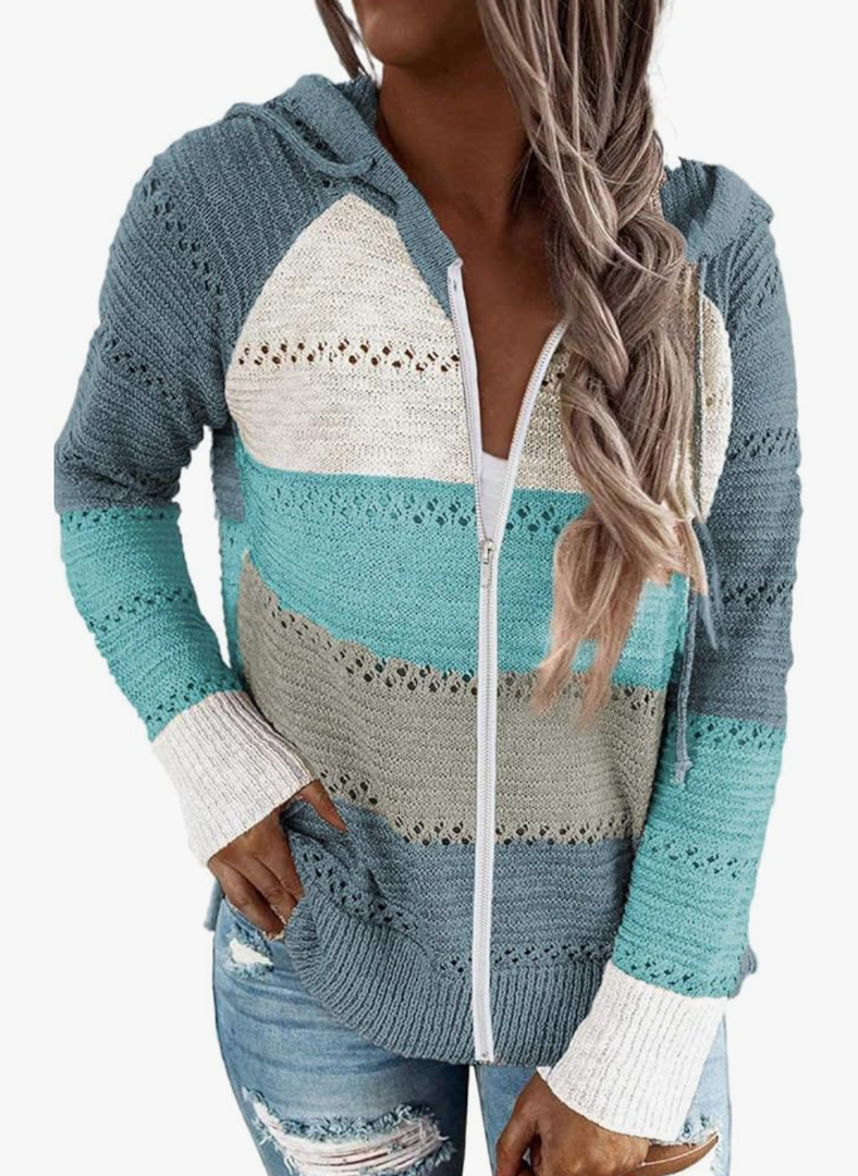FEKOAFE Women's 2025 Fall Striped Color Block Hoodies Fashion V Neck Knit Sweater Pullovers, S