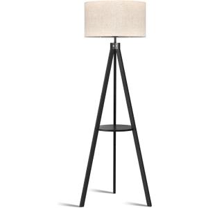 LEPOWER Tripod Floor Lamp, Mid Century Wood Standing Lamp, Modern Design Shelf Floor Lamp for Living Room, Bedroom, Office, Flaxen Lamp Shade with E26 Lamp Base Black