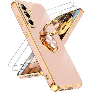 LeYi for Galaxy A36-5G Phone Case: 2 Pack Tempered Glass Screen Protector and 360 Rotatable Ring Holder Magnetic Kickstand, Plating Rose Gold Edge for Samsung A 36 5G Case, Pink
