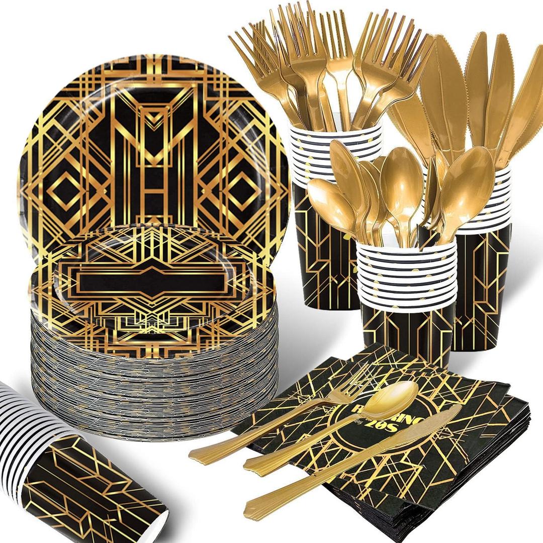 120 pcs Roaring 20s Party Decorations | Serves 16 Guests | Gatsby Theme Tableware Set Kit, Retro Jazz Party Roaring Twenties Party Plates Napkins Set Signs for Roaring 1920s Party Decorations