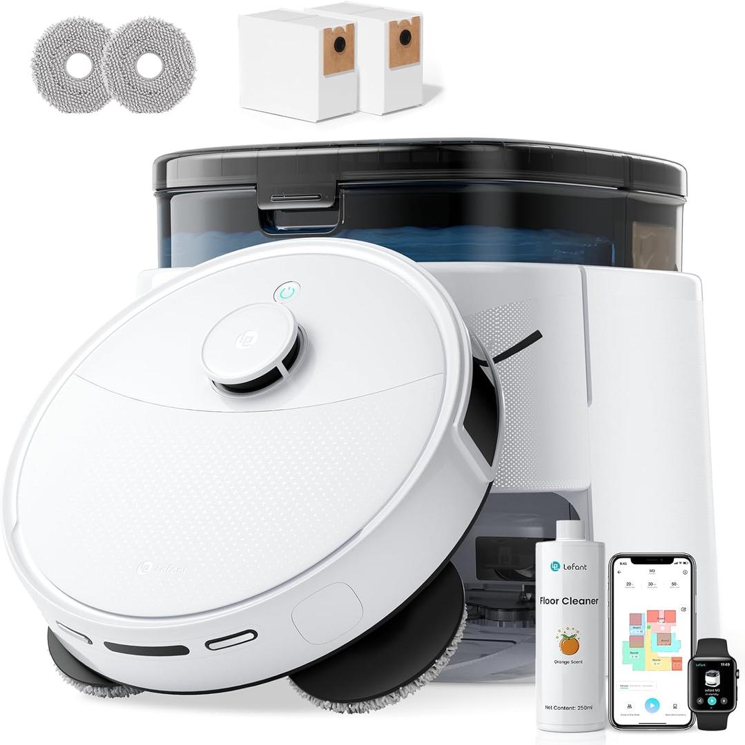 Lefant Robot Vacuum and Mop, 12000Pa Suction, Self Emptying, Auto Mop Washing and Drying for Hands-Free, Anti-Tangle Brushes, Dual Spinning Mop for Pet Hair Dust, Wi-Fi/App/Alexa/iWatch Control, M3 Lefant Robot Vacuum and Mop, 12000Pa Suction, Self Emptying, Auto Mop Washing and Drying for Hands-Free, Anti-Tangle Brushes, Dual Spinning Mop for Pet Hair Dust, Wi-Fi/App/Alexa/iWatch Control, M3