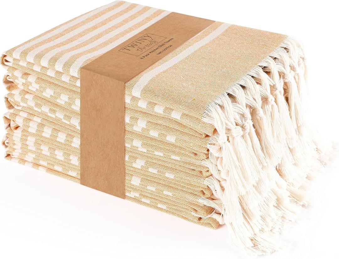 TWINY threads Set of 6 100% Cotton Turkish Kitchen Towels with Hanging Loop & Tassels (18" X 28") | Ultra Washcloth with Fringes | Reusable Hand Towels - Mustard Yellow