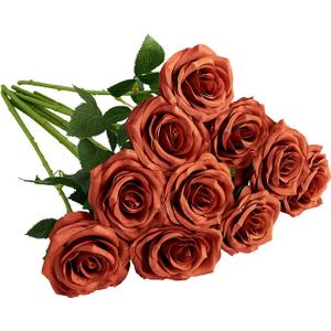 Artificial Rose 10pcs Open Flower Bouquet Faux Rose Stems for Wedding Arrangement, Bridal Bouquet, Centerpiece, Fake Faux Silk Flowers (Burnt Orange)