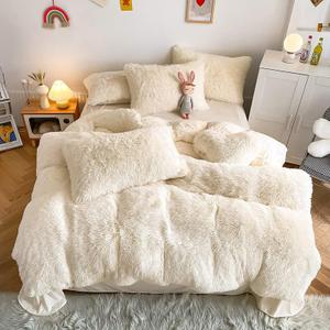 Faux Fur Kids Girls Milky White Comforter Sets Twin/Full - 3PC Bed Set Warm Comfortable Soft Plush Flannel Velvet Fluffy Fuzzy BeddingComforter x 1 Pillowcases x 2