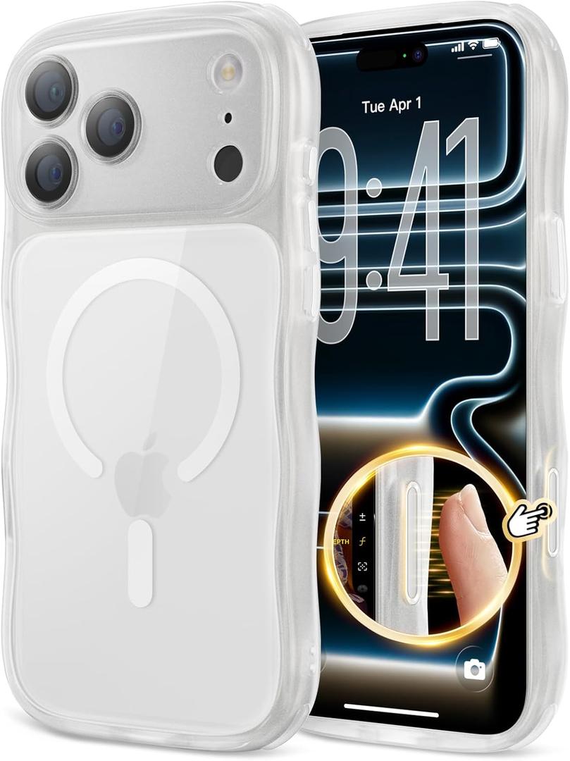 for iPhone 17 Pro Max Case for Women Girls,Compatible with MagSafe,Camera Control,Full Camera Protection, Cute Wave Magnetic Phone Case for iPhone 17 Pro Max,Frosted Clear